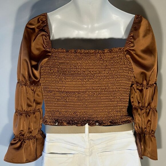 Storia NWT SZM Copper Brown Milkmaid Smocked Peasant Top Romantic Boho Glam - Picture 4 of 9